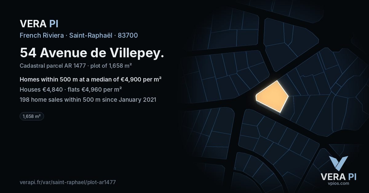 54 Avenue de Villepey, Saint-Raphaël at night – the plot lit, the parcels around coloured by the prices near them
