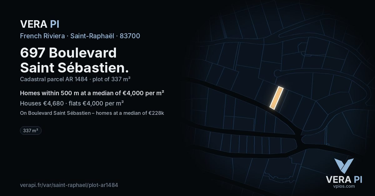 697 Boulevard Saint Sébastien, Saint-Raphaël at night – the plot lit, the parcels around coloured by the prices near them