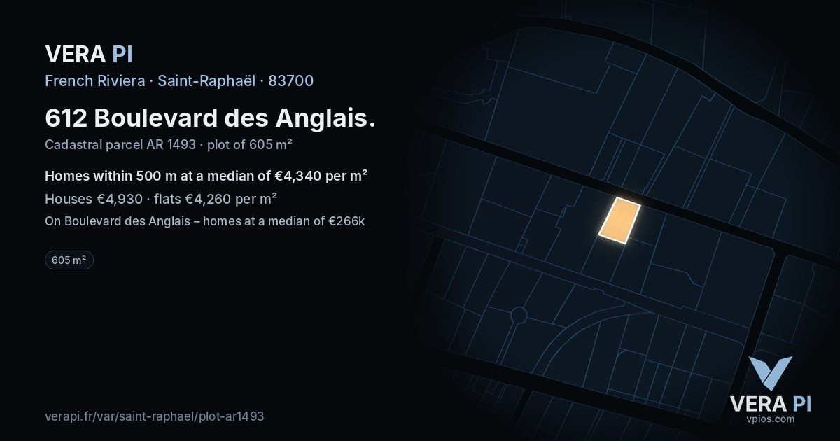 612 Boulevard des Anglais, Saint-Raphaël at night – the plot lit, the parcels around coloured by the prices near them