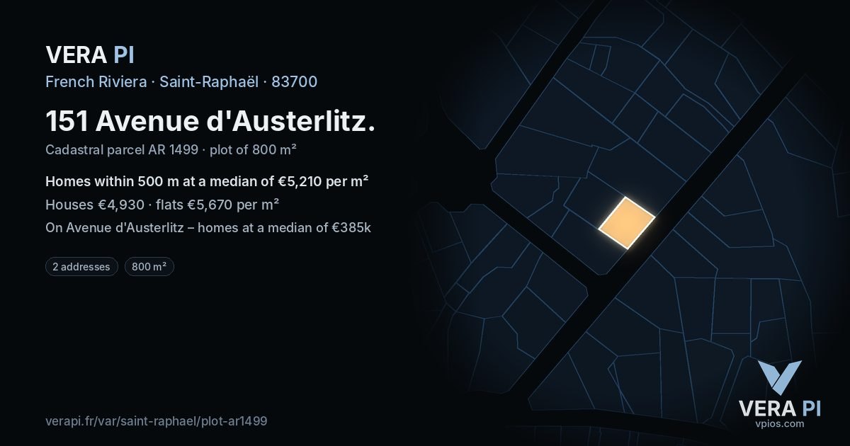 151 Avenue d'Austerlitz, Saint-Raphaël at night – the plot lit, the parcels around coloured by the prices near them