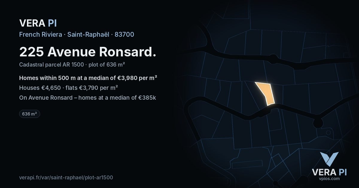 225 Avenue Ronsard, Saint-Raphaël at night – the plot lit, the parcels around coloured by the prices near them