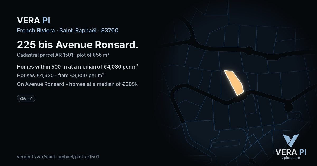 225 bis Avenue Ronsard, Saint-Raphaël at night – the plot lit, the parcels around coloured by the prices near them