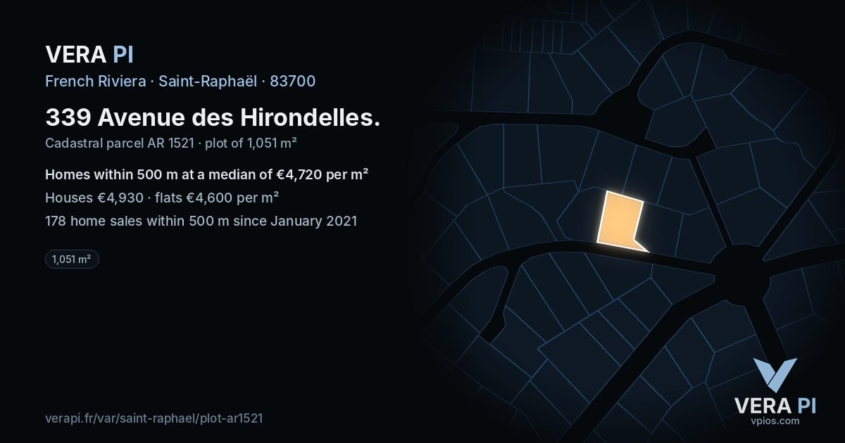 339 Avenue des Hirondelles, Saint-Raphaël at night – the plot lit, the parcels around coloured by the prices near them