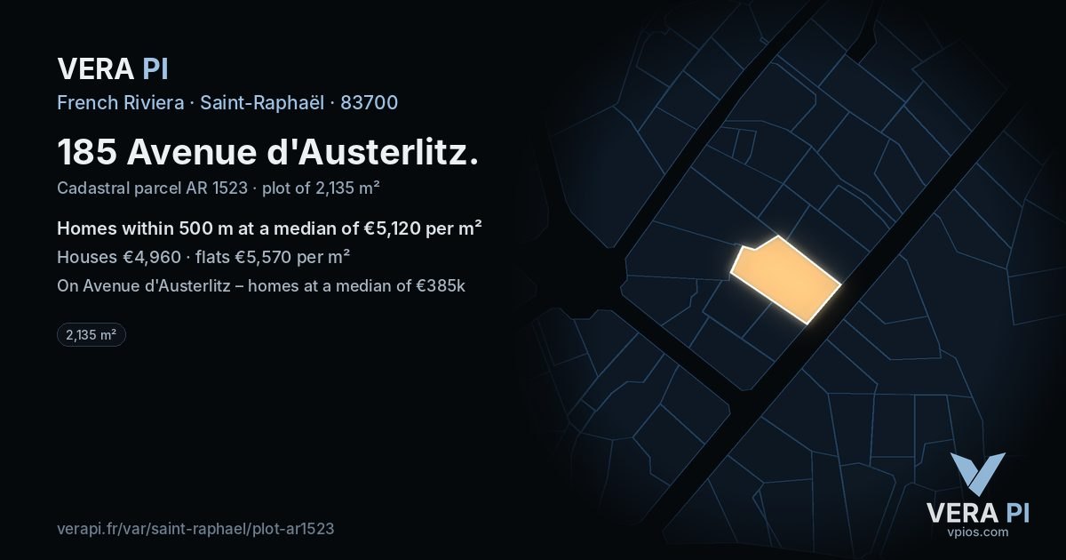 185 Avenue d'Austerlitz, Saint-Raphaël at night – the plot lit, the parcels around coloured by the prices near them