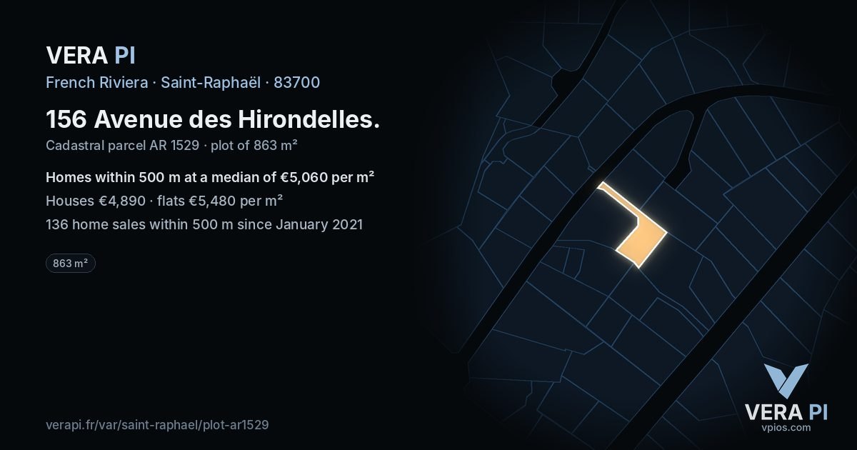 156 Avenue des Hirondelles, Saint-Raphaël at night – the plot lit, the parcels around coloured by the prices near them