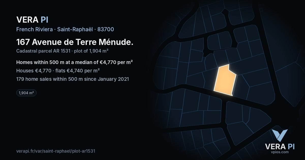 167 Avenue de Terre Ménude, Saint-Raphaël at night – the plot lit, the parcels around coloured by the prices near them