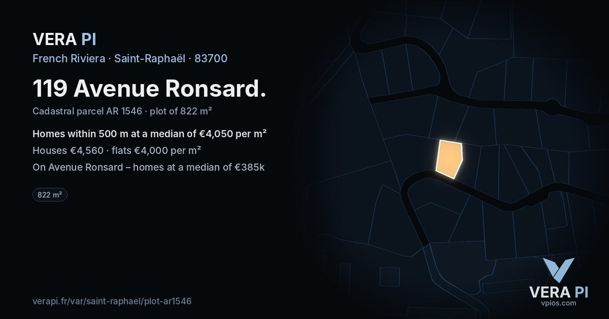 119 Avenue Ronsard, Saint-Raphaël at night – the plot lit, the parcels around coloured by the prices near them
