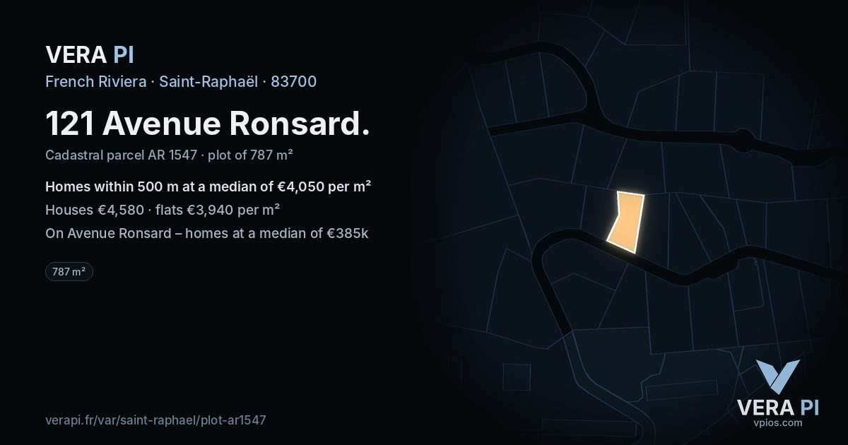 121 Avenue Ronsard, Saint-Raphaël at night – the plot lit, the parcels around coloured by the prices near them