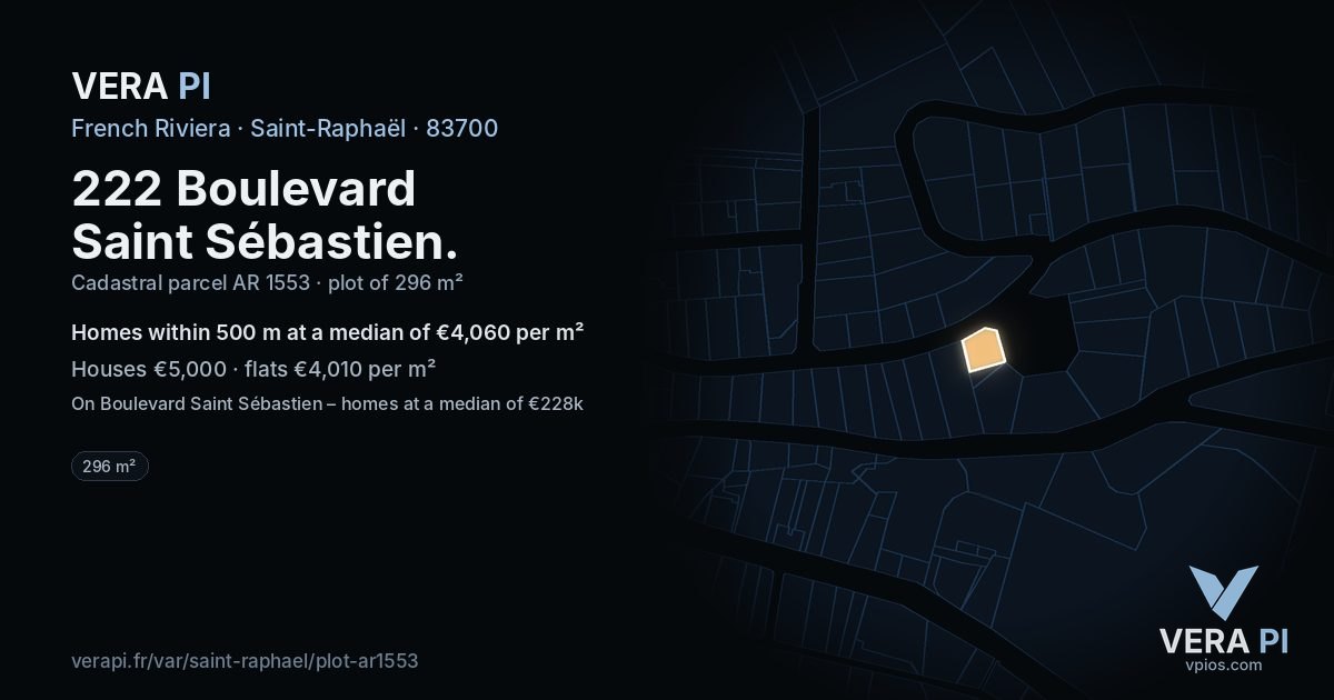 222 Boulevard Saint Sébastien, Saint-Raphaël at night – the plot lit, the parcels around coloured by the prices near them