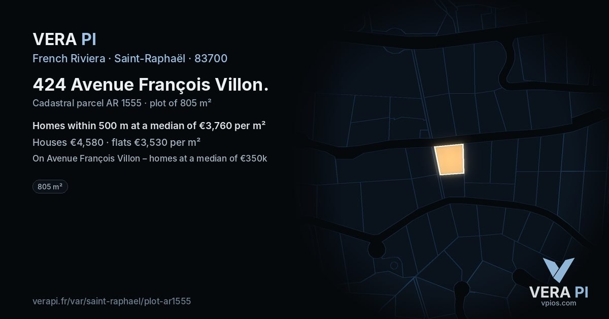 424 Avenue François Villon, Saint-Raphaël at night – the plot lit, the parcels around coloured by the prices near them
