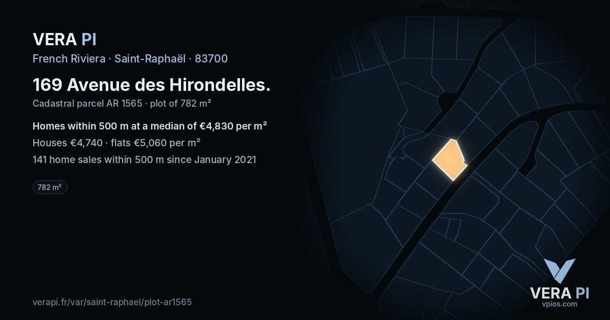 169 Avenue des Hirondelles, Saint-Raphaël at night – the plot lit, the parcels around coloured by the prices near them