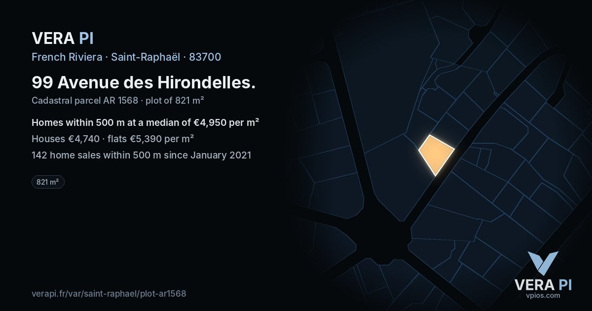 99 Avenue des Hirondelles, Saint-Raphaël at night – the plot lit, the parcels around coloured by the prices near them