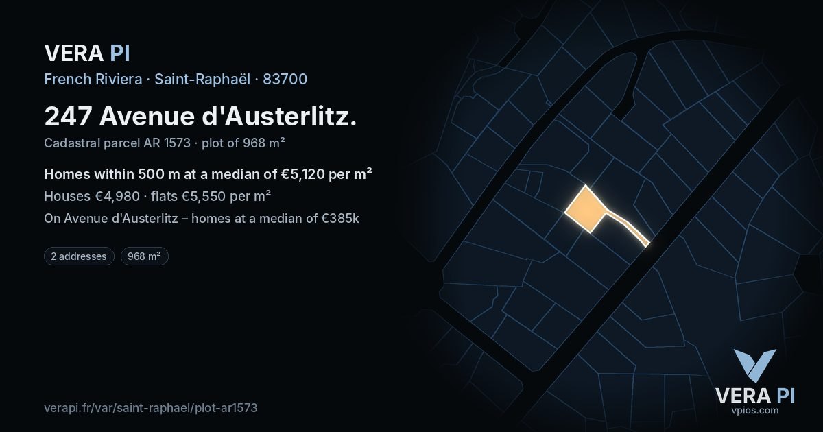 247 Avenue d'Austerlitz, Saint-Raphaël at night – the plot lit, the parcels around coloured by the prices near them