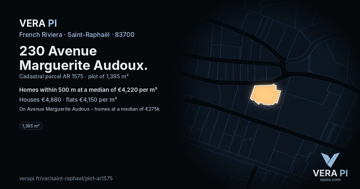 230 Avenue Marguerite Audoux, Saint-Raphaël at night – the plot lit, the parcels around coloured by the prices near them