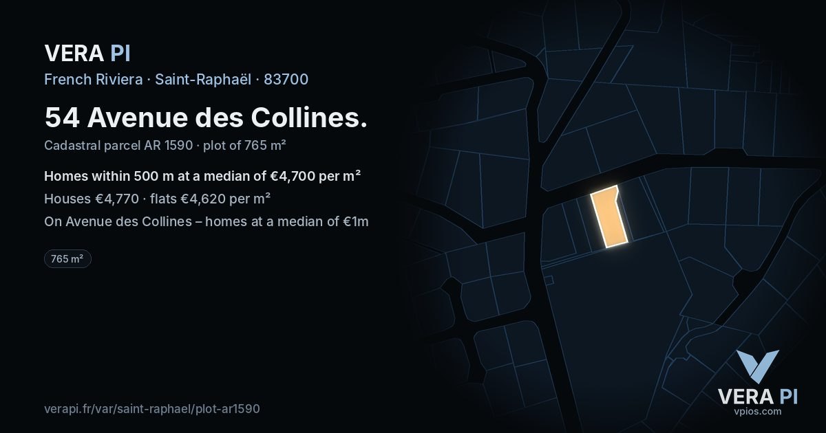 54 Avenue des Collines, Saint-Raphaël at night – the plot lit, the parcels around coloured by the prices near them