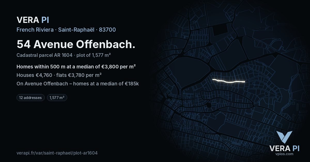 54 Avenue Offenbach, Saint-Raphaël at night – the plot lit, the parcels around coloured by the prices near them