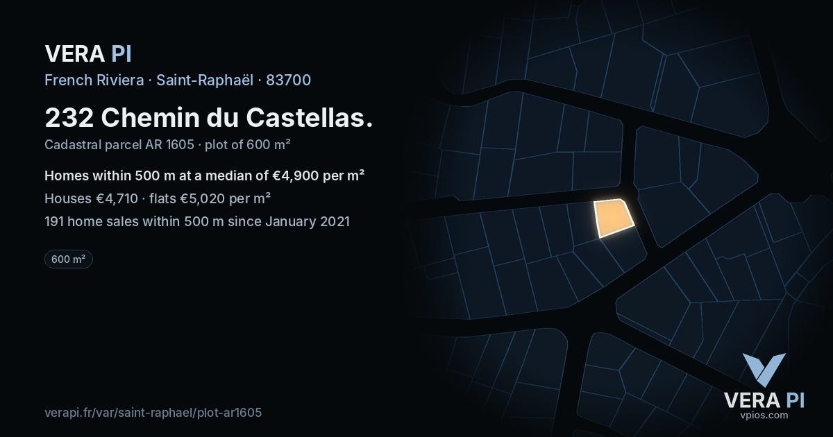 232 Chemin du Castellas, Saint-Raphaël at night – the plot lit, the parcels around coloured by the prices near them