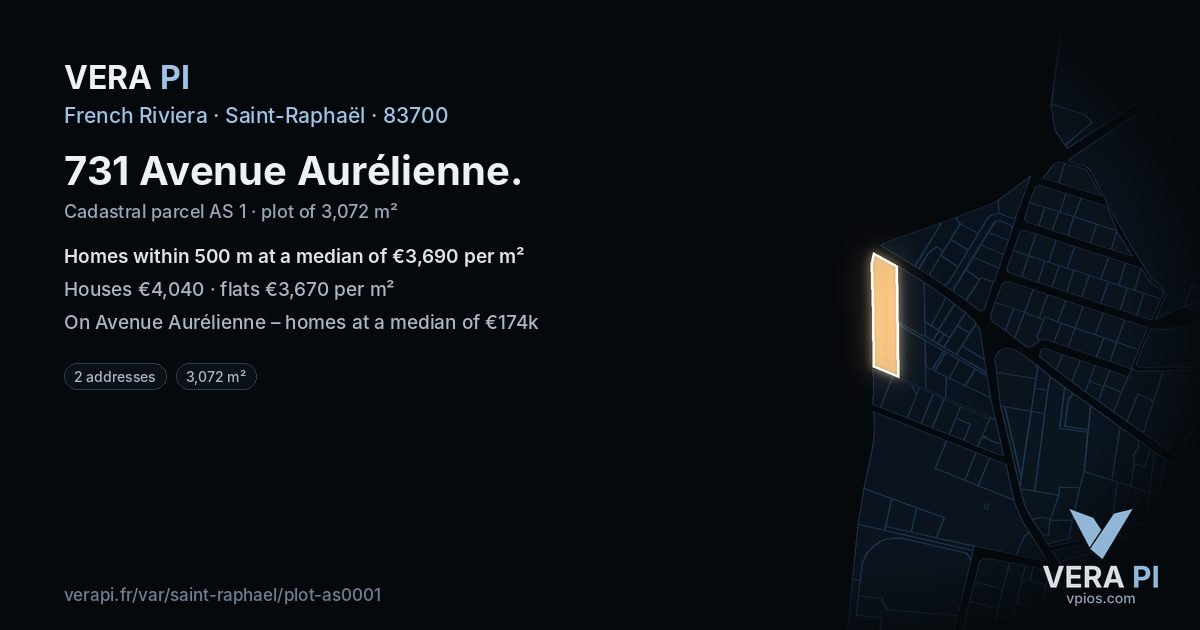 731 Avenue Aurélienne, Saint-Raphaël at night – the plot lit, the parcels around coloured by the prices near them