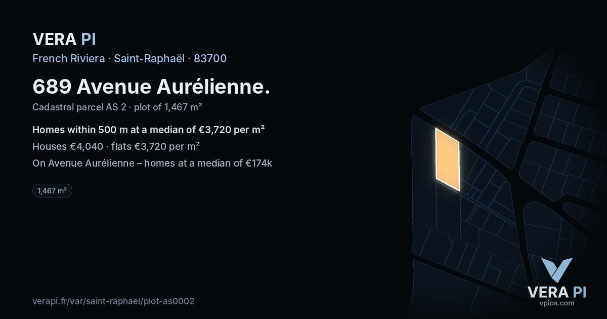 689 Avenue Aurélienne, Saint-Raphaël at night – the plot lit, the parcels around coloured by the prices near them
