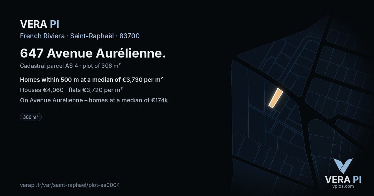 647 Avenue Aurélienne, Saint-Raphaël at night – the plot lit, the parcels around coloured by the prices near them