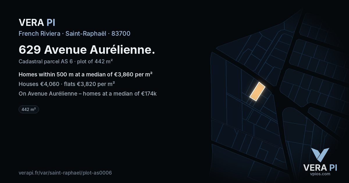 629 Avenue Aurélienne, Saint-Raphaël at night – the plot lit, the parcels around coloured by the prices near them