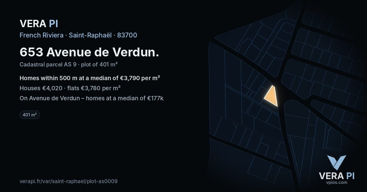 653 Avenue de Verdun, Saint-Raphaël at night – the plot lit, the parcels around coloured by the prices near them