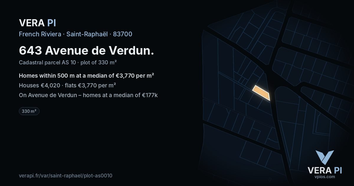 643 Avenue de Verdun, Saint-Raphaël at night – the plot lit, the parcels around coloured by the prices near them