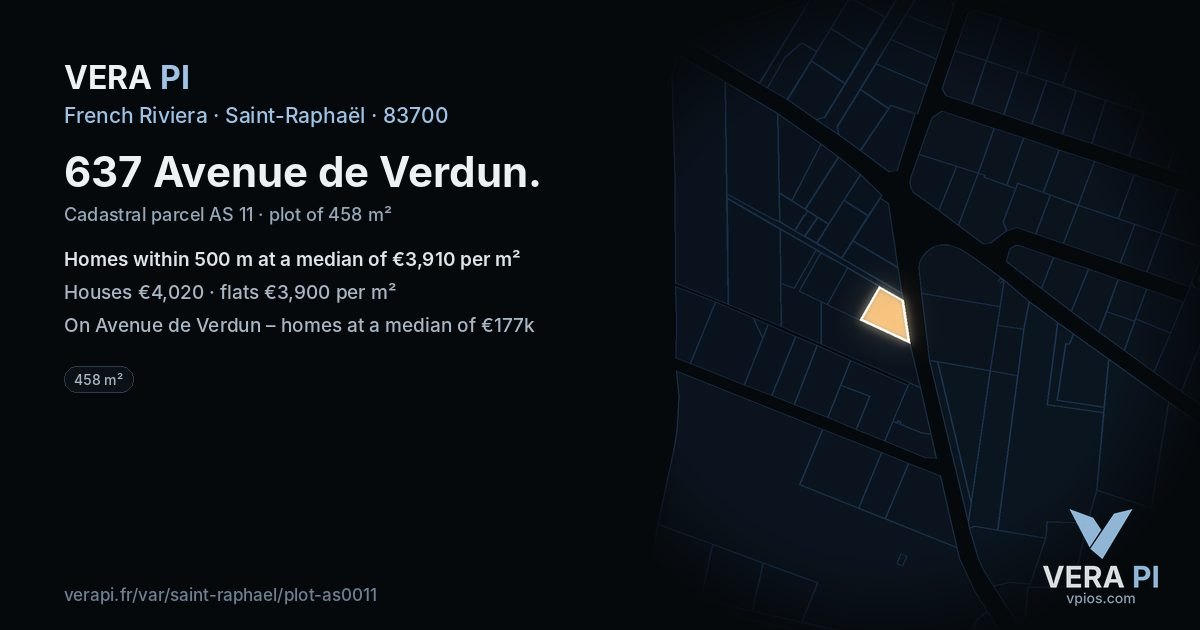 637 Avenue de Verdun, Saint-Raphaël at night – the plot lit, the parcels around coloured by the prices near them