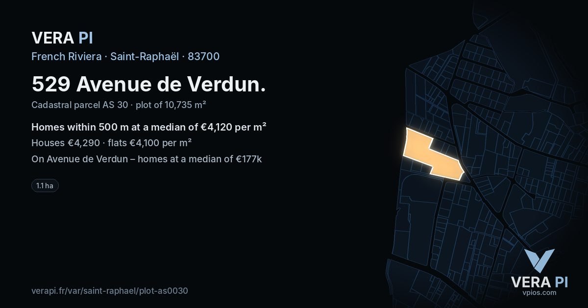 529 Avenue de Verdun, Saint-Raphaël at night – the plot lit, the parcels around coloured by the prices near them