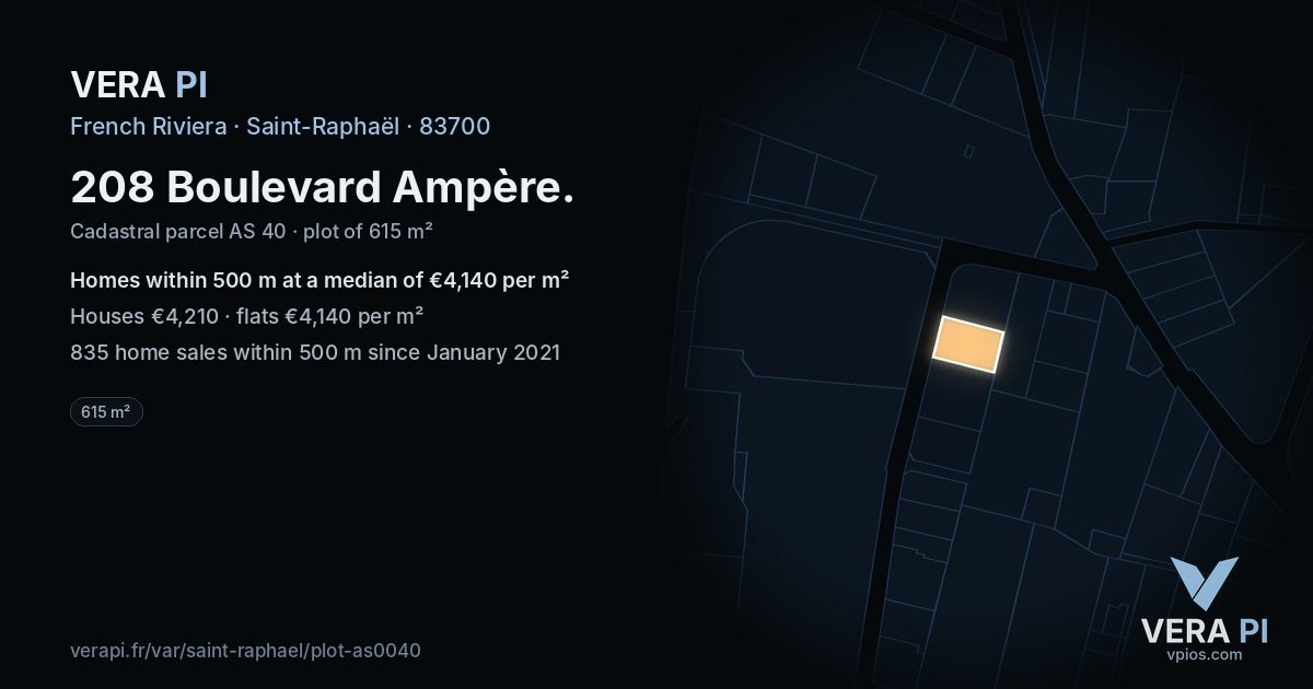 208 Boulevard Ampère, Saint-Raphaël at night – the plot lit, the parcels around coloured by the prices near them