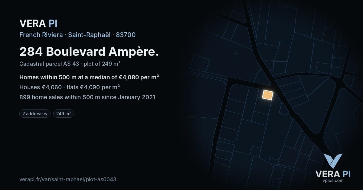 284 Boulevard Ampère, Saint-Raphaël at night – the plot lit, the parcels around coloured by the prices near them