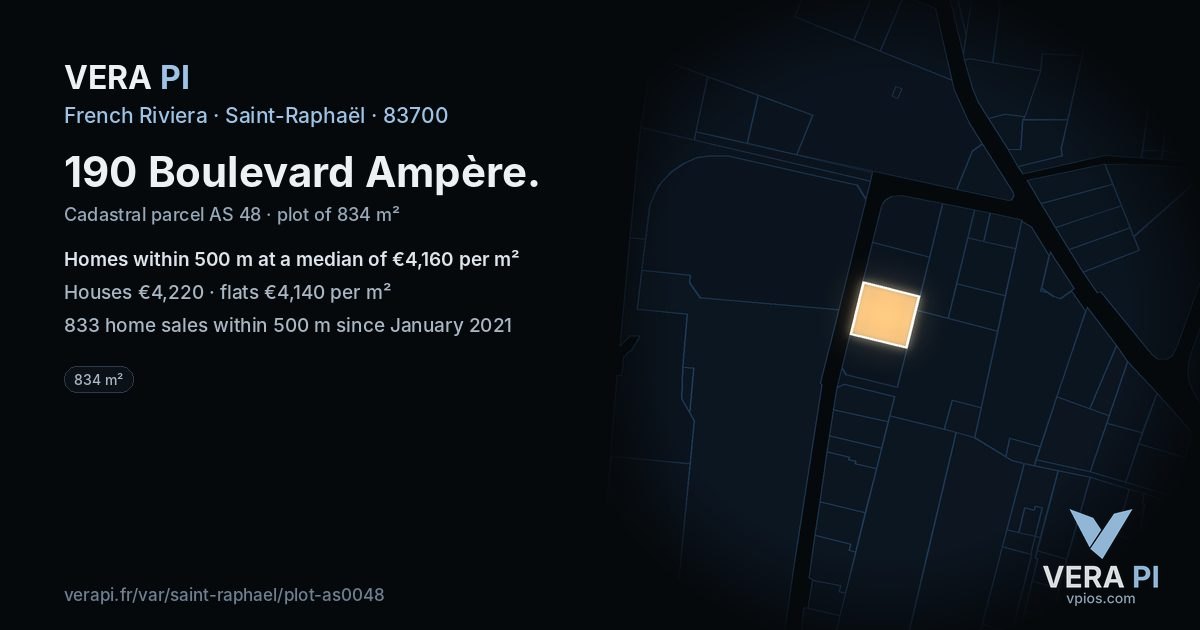 190 Boulevard Ampère, Saint-Raphaël at night – the plot lit, the parcels around coloured by the prices near them
