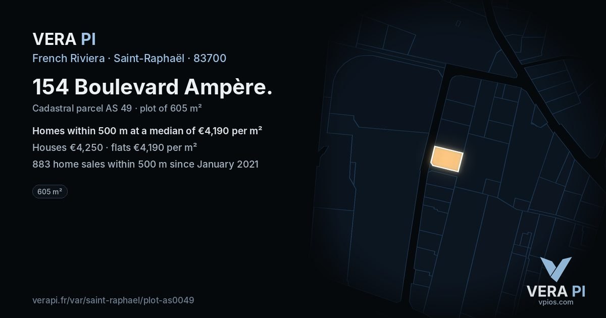 154 Boulevard Ampère, Saint-Raphaël at night – the plot lit, the parcels around coloured by the prices near them