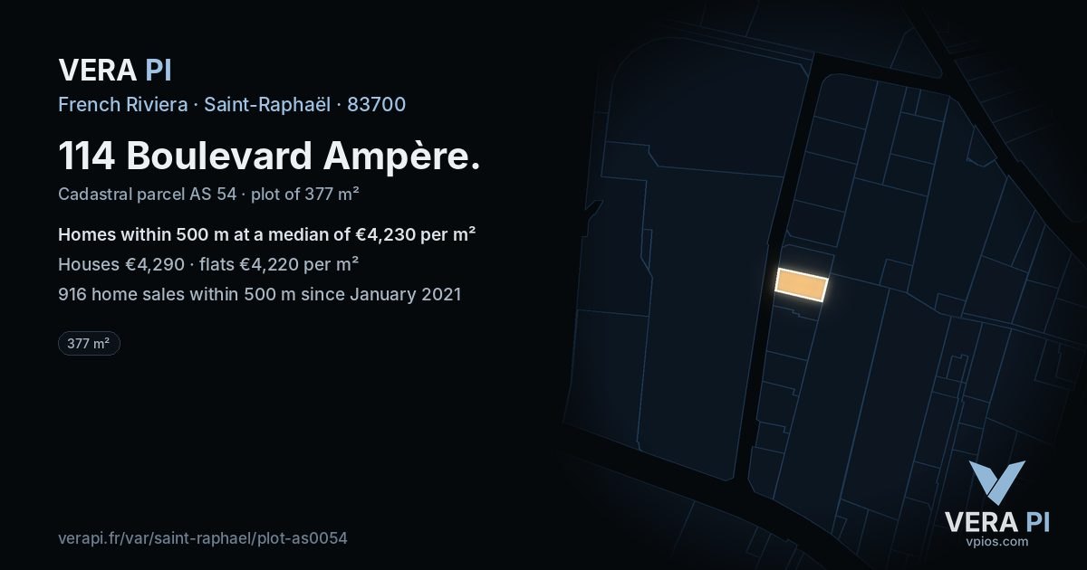 114 Boulevard Ampère, Saint-Raphaël at night – the plot lit, the parcels around coloured by the prices near them