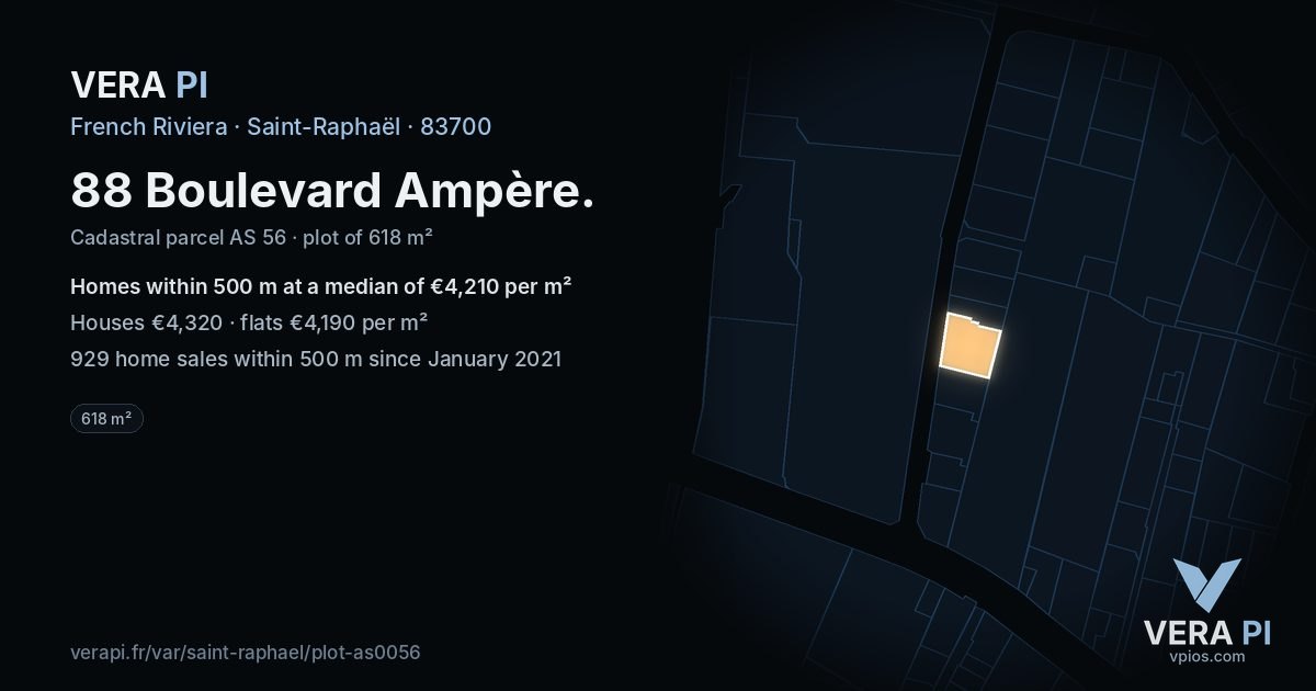 88 Boulevard Ampère, Saint-Raphaël at night – the plot lit, the parcels around coloured by the prices near them
