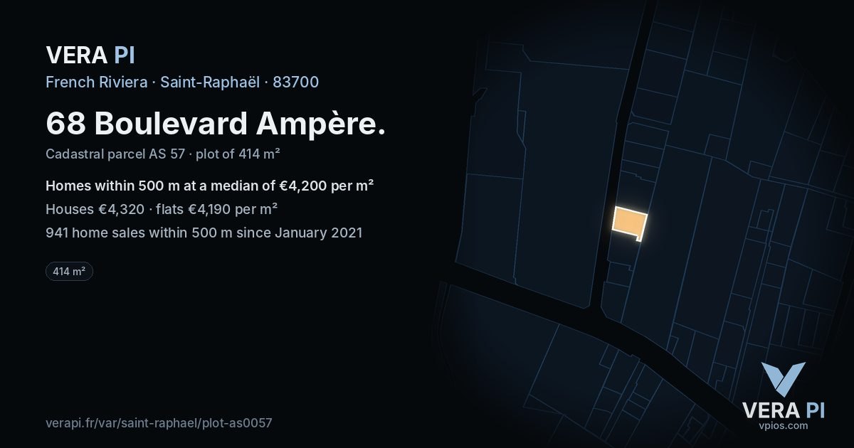 68 Boulevard Ampère, Saint-Raphaël at night – the plot lit, the parcels around coloured by the prices near them
