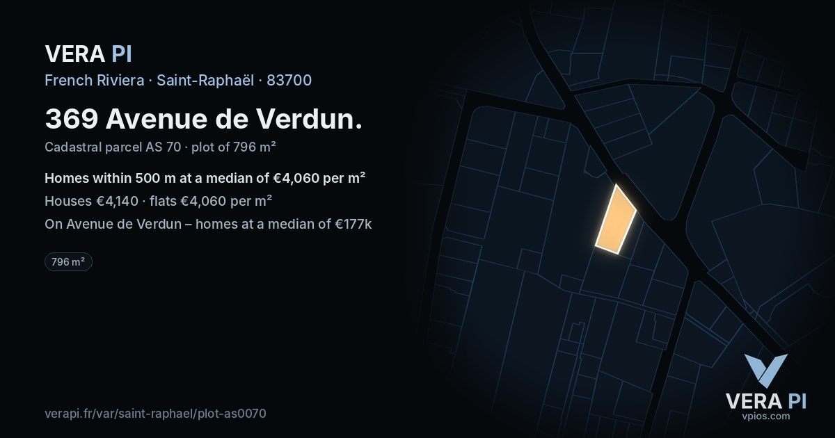 369 Avenue de Verdun, Saint-Raphaël at night – the plot lit, the parcels around coloured by the prices near them
