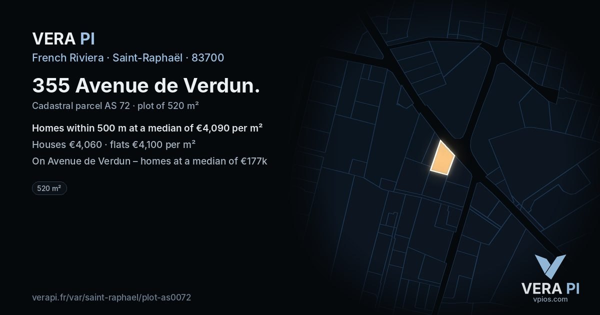 355 Avenue de Verdun, Saint-Raphaël at night – the plot lit, the parcels around coloured by the prices near them