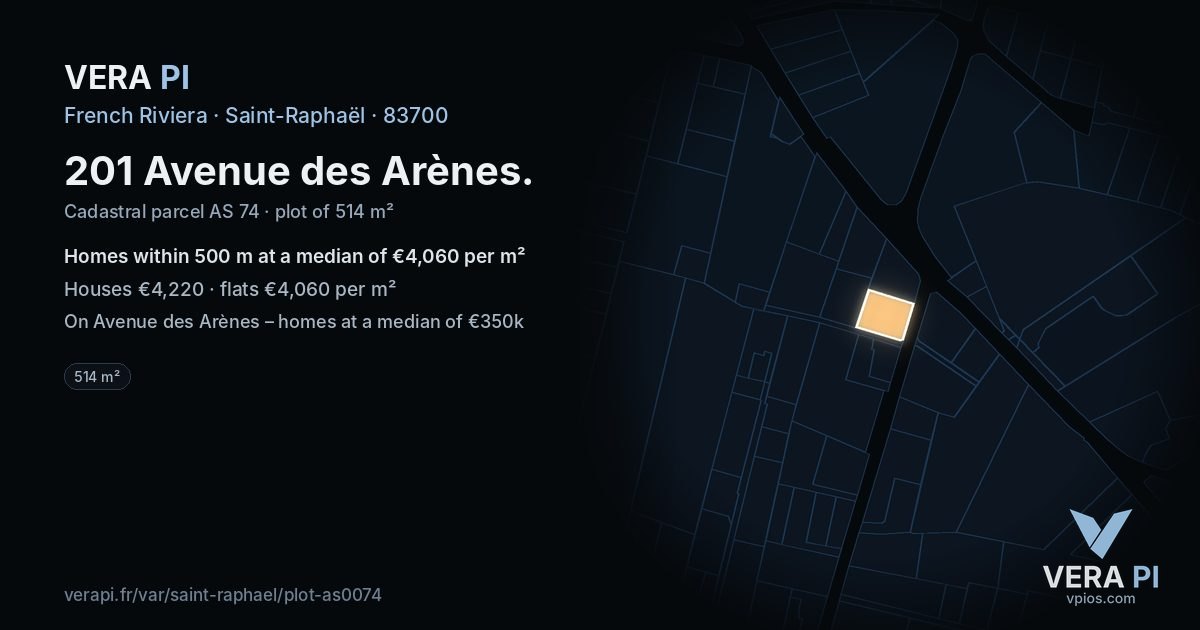 201 Avenue des Arènes, Saint-Raphaël at night – the plot lit, the parcels around coloured by the prices near them