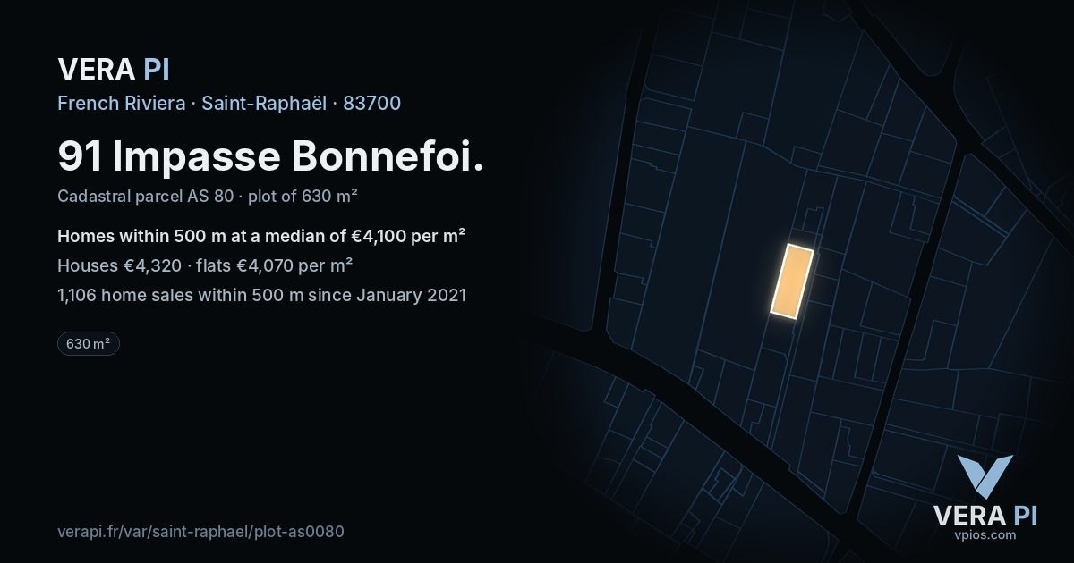 91 Impasse Bonnefoi, Saint-Raphaël at night – the plot lit, the parcels around coloured by the prices near them