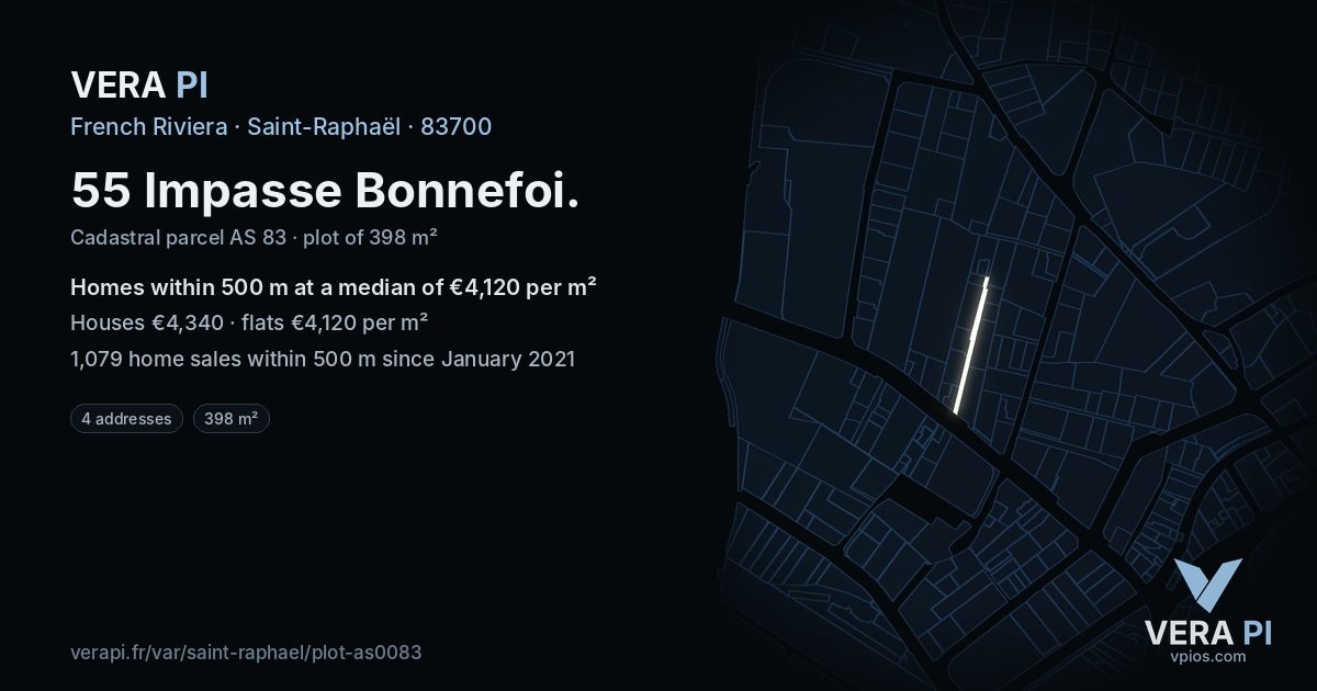 55 Impasse Bonnefoi, Saint-Raphaël at night – the plot lit, the parcels around coloured by the prices near them