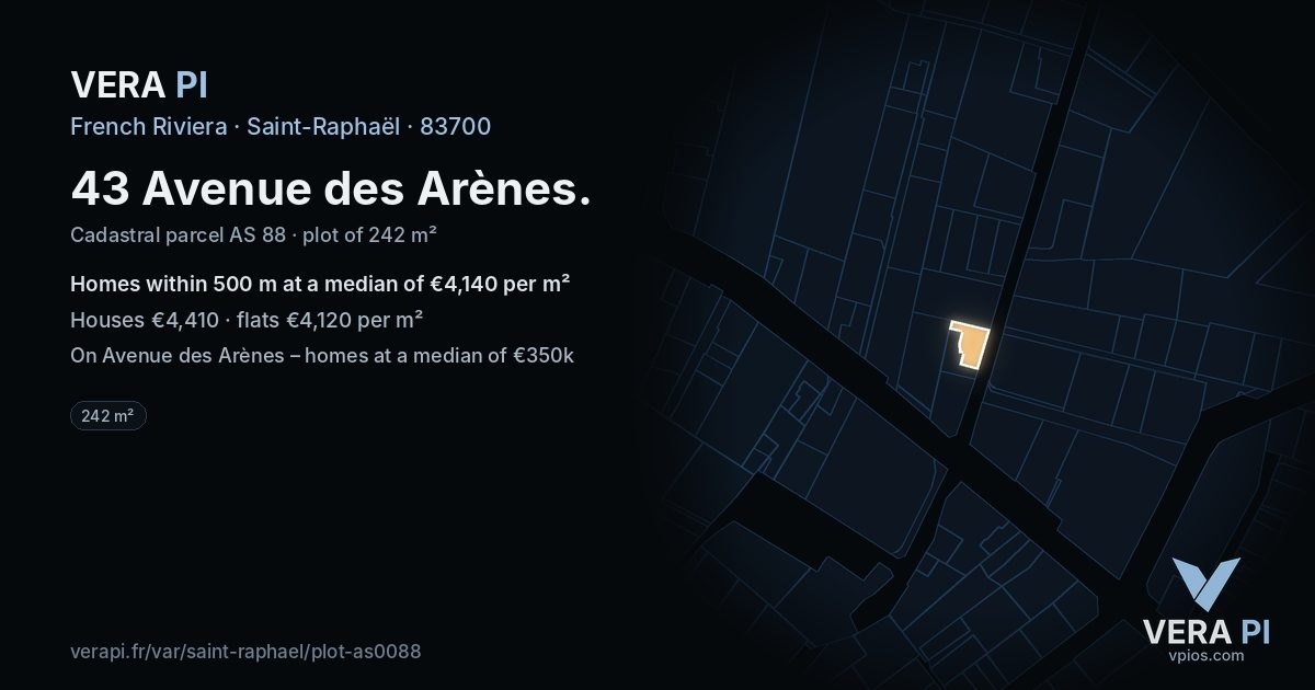 43 Avenue des Arènes, Saint-Raphaël at night – the plot lit, the parcels around coloured by the prices near them