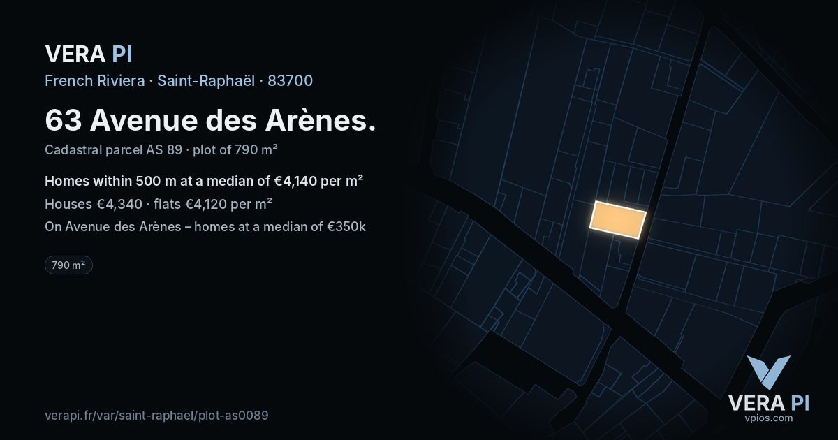 63 Avenue des Arènes, Saint-Raphaël at night – the plot lit, the parcels around coloured by the prices near them
