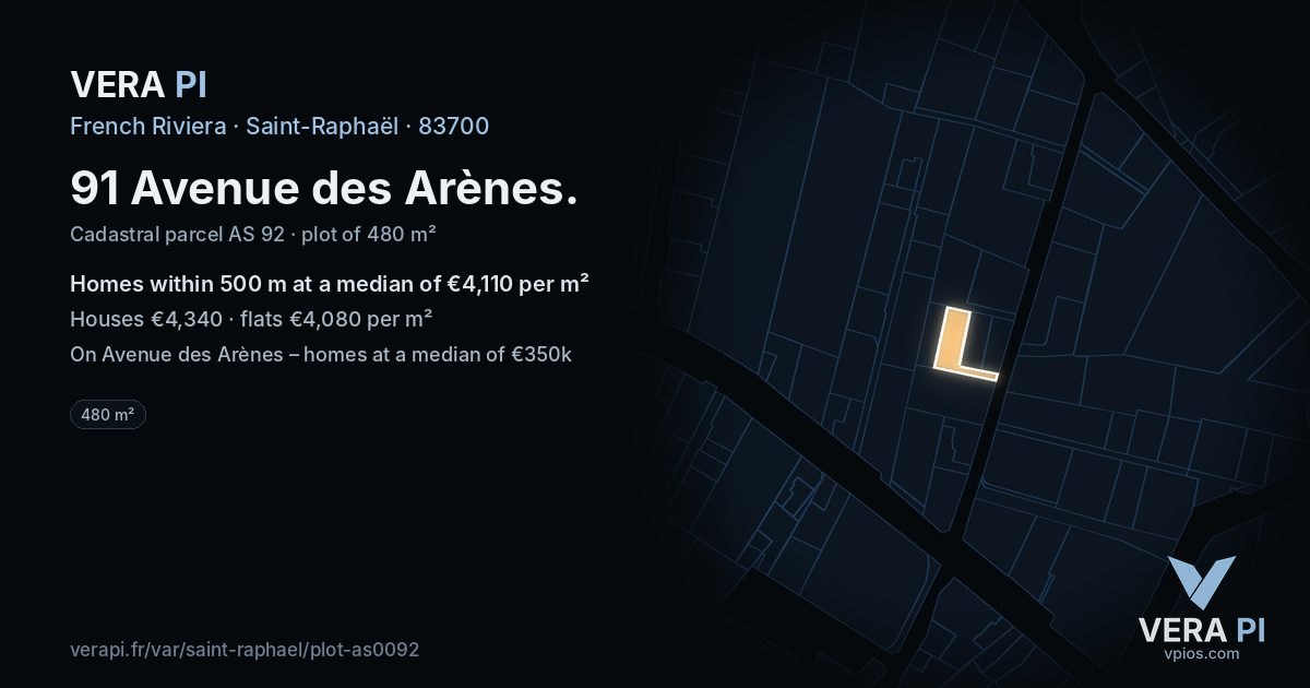 91 Avenue des Arènes, Saint-Raphaël at night – the plot lit, the parcels around coloured by the prices near them