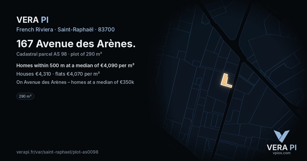 167 Avenue des Arènes, Saint-Raphaël at night – the plot lit, the parcels around coloured by the prices near them