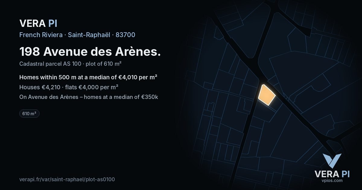 198 Avenue des Arènes, Saint-Raphaël at night – the plot lit, the parcels around coloured by the prices near them