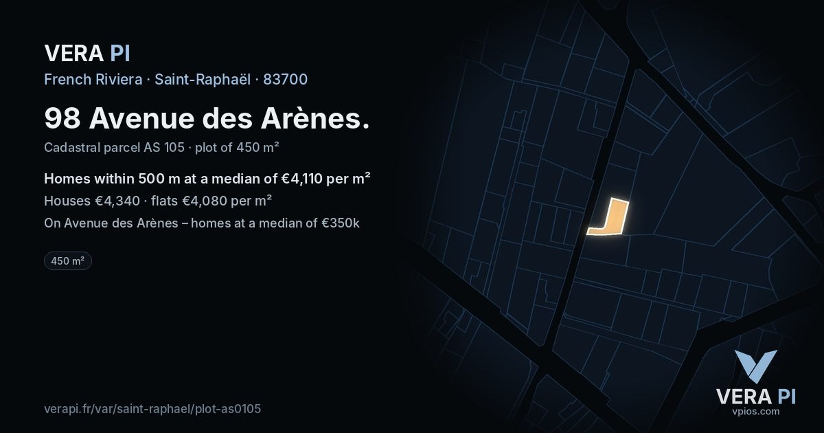 98 Avenue des Arènes, Saint-Raphaël at night – the plot lit, the parcels around coloured by the prices near them