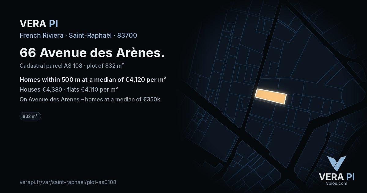 66 Avenue des Arènes, Saint-Raphaël at night – the plot lit, the parcels around coloured by the prices near them