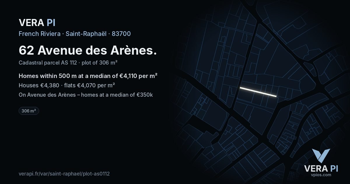 62 Avenue des Arènes, Saint-Raphaël at night – the plot lit, the parcels around coloured by the prices near them