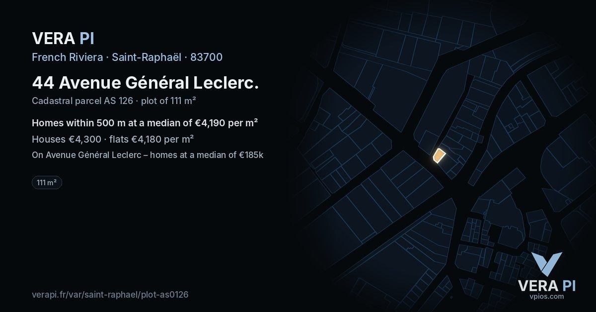 44 Avenue Général Leclerc, Saint-Raphaël at night – the plot lit, the parcels around coloured by the prices near them